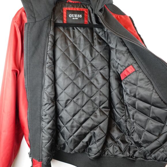 GUESS Men's Hooded Bomber Jacket Red Black Size Large Streetwear Lagenlook Fall - Picture 4 of 16